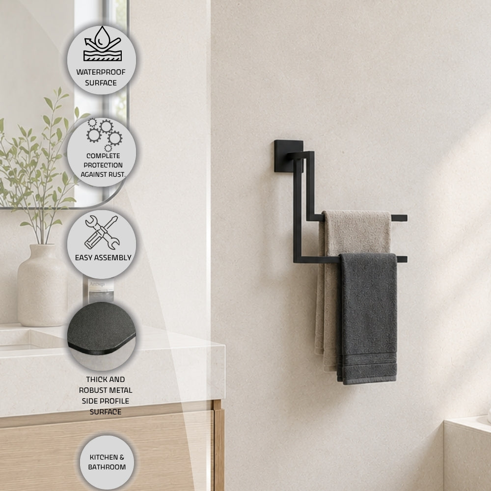 Wall mounted staggered towel rack feature image with water-resistant surface, corrosion protection, easy assembly, thick sturdy metal structure, and aesthetic appearance callouts.