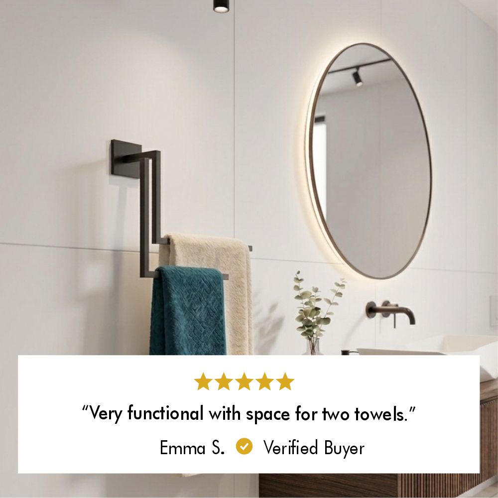 Five-star customer review from verified buyer Emma S. saying the wall mounted towel rack is very functional with space for two towels.