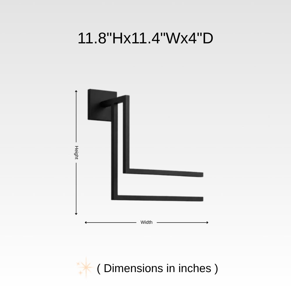 Dimension chart for wall mounted staggered towel rack showing 11.8 inch height, 11.4 inch width, and 4 inch depth.. This diagram is labelled in inches; centimetre values are shown beside the image.