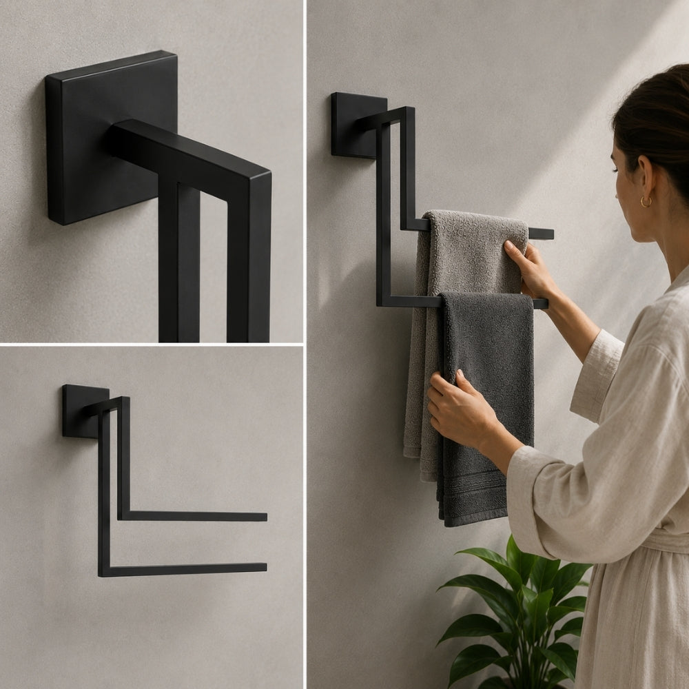 Installation detail collage for black wall mounted staggered towel rack showing square wall mount and two offset towel arms.