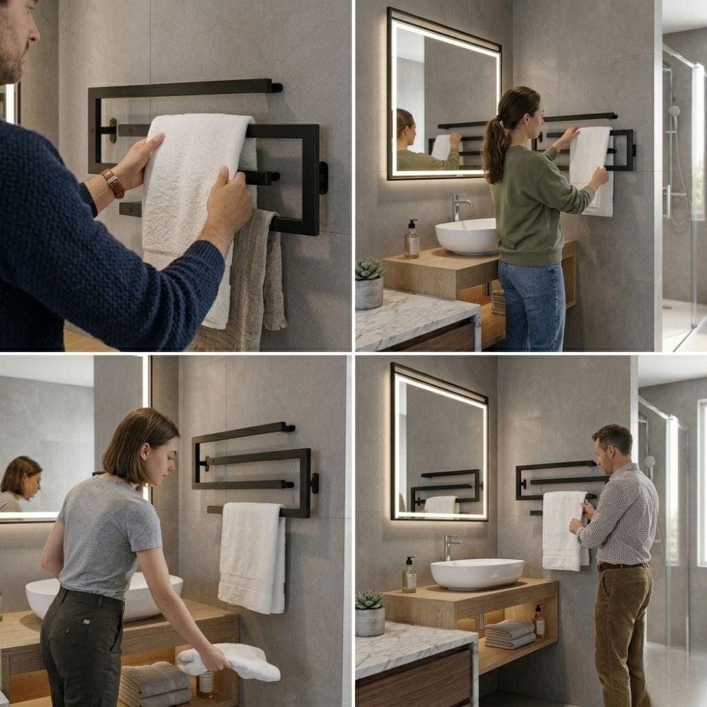 Lifestyle collage showing people hanging towels on a wall mounted swivel towel rack.