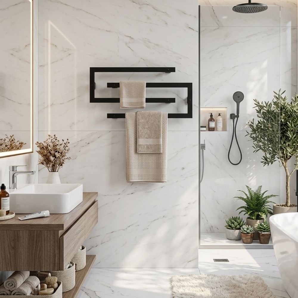 Black wall mounted swivel towel rack holding towels in a bright modern bathroom.