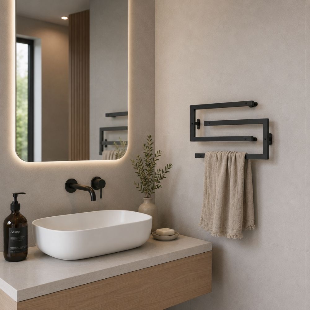 Black compact wall mounted swivel towel rack beside a modern bathroom vanity.