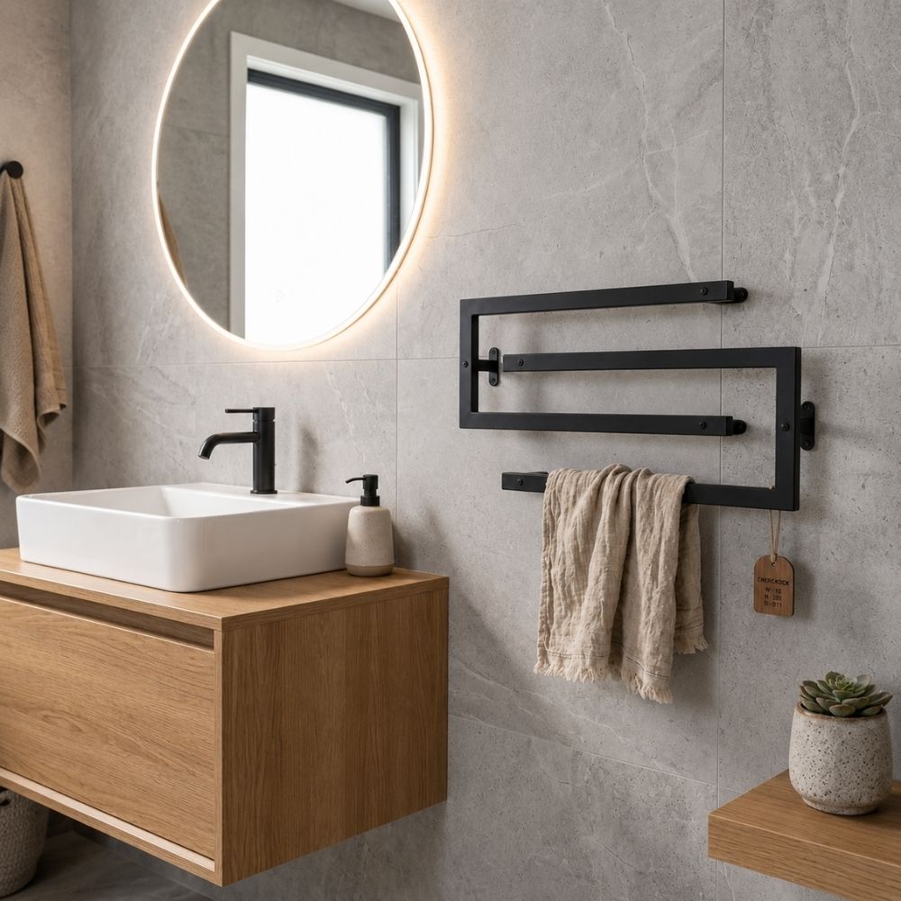 Black wall mounted swivel towel rack in a gray tile bathroom with towel hanging from lower bar.