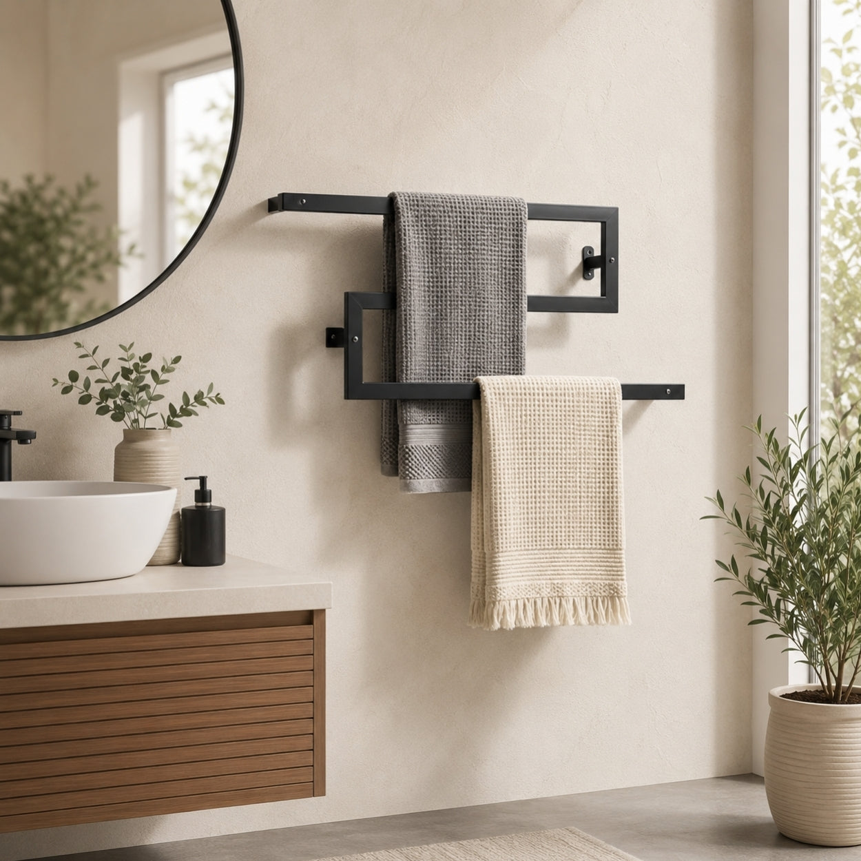 Black wall mounted zigzag swivel towel rack with towels in a modern bathroom.