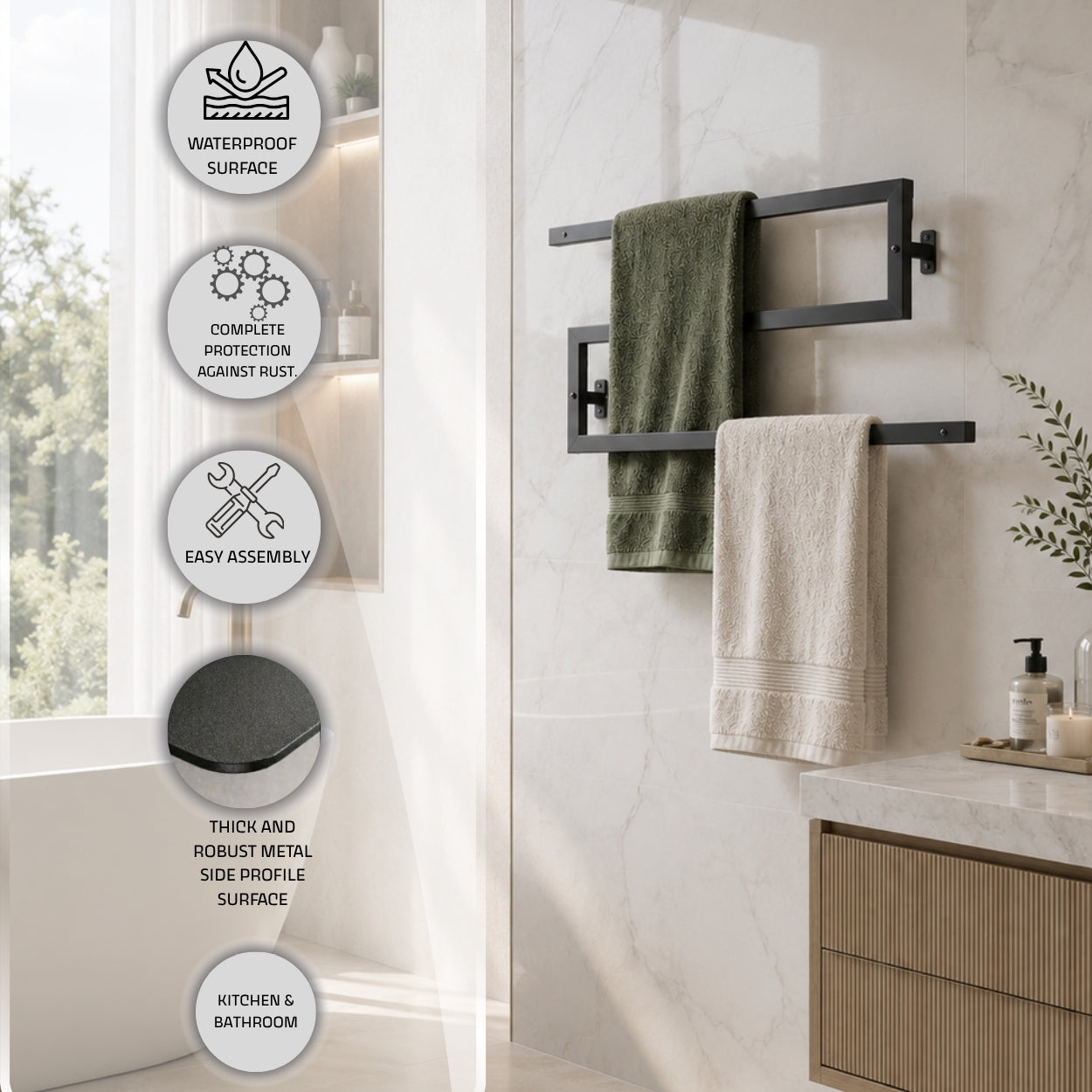 Wall mounted zigzag swivel towel rack feature image showing waterproof surface, rust protection, easy assembly, thick metal side profile, and kitchen and bathroom use.