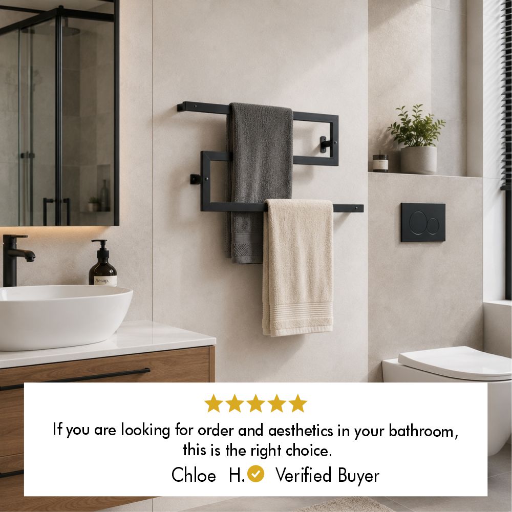 Five-star customer review from verified buyer Chloe H. for the wall mounted zigzag swivel towel rack.