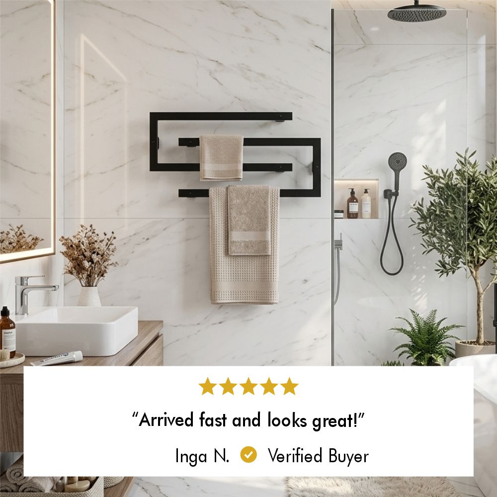 Five-star review image for wall mounted swivel towel rack from verified buyer Inga N.
