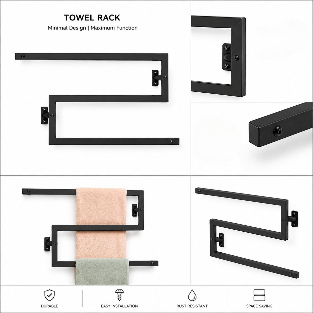Detail collage for black wall mounted zigzag swivel towel rack showing durable metal frame, installation brackets, and space saving towel bars.