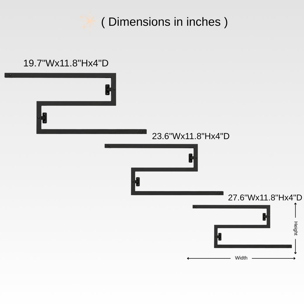 Dimension chart for wall mounted zigzag swivel towel rack showing 19.7, 23.6, and 27.6 inch width size options.. This diagram is labelled in inches; centimetre values are shown beside the image.