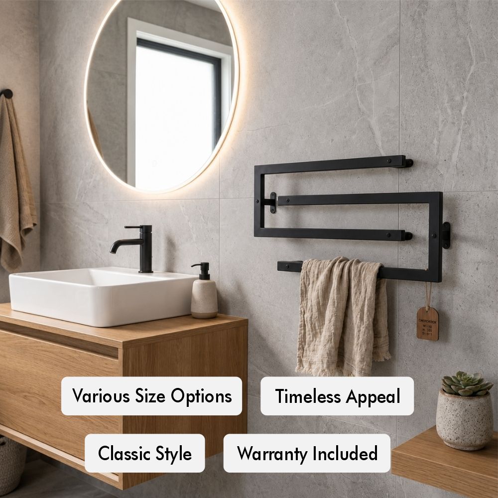 Black wall mounted swivel towel rack with feature callouts for size options, classic style, warranty, and timeless appeal.