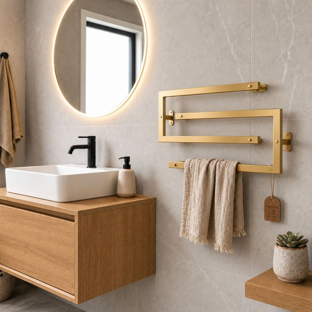 Gold wall mounted swivel towel rack installed above a bathroom vanity.