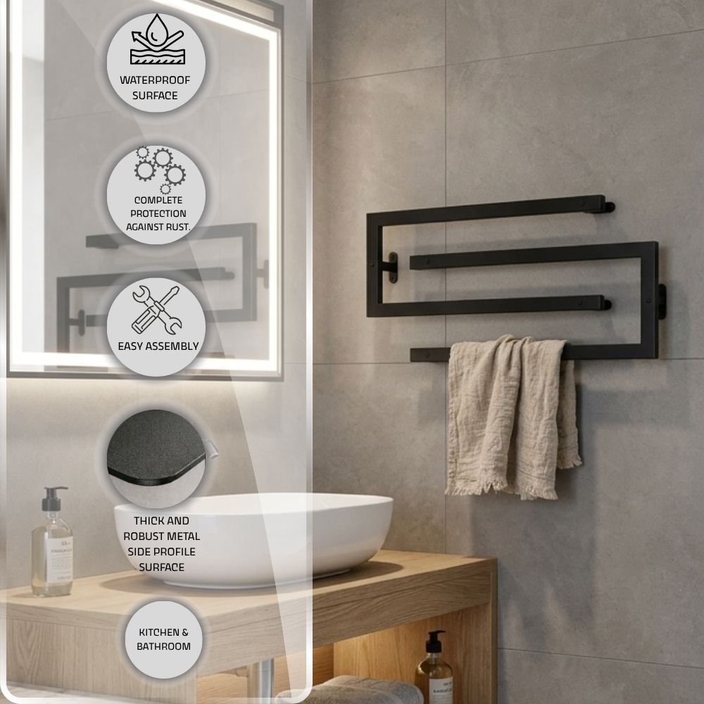 Black metal swivel towel rack feature image showing bathroom use, easy assembly, and moisture-resistant finish details.