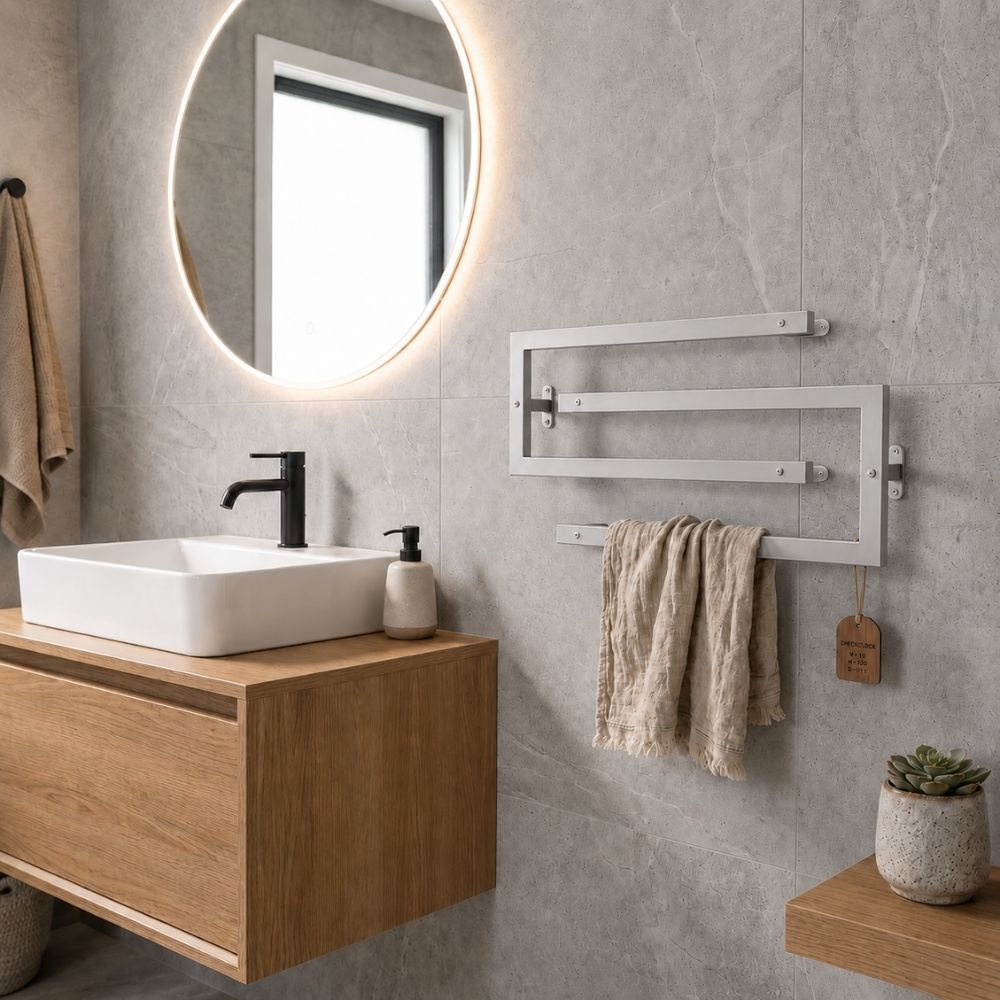 Satin nickel wall mounted swivel towel rack installed above a bathroom vanity.