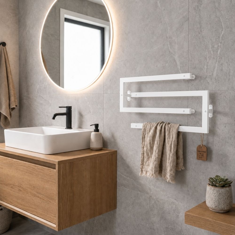 White wall mounted swivel towel rack installed above a bathroom vanity.