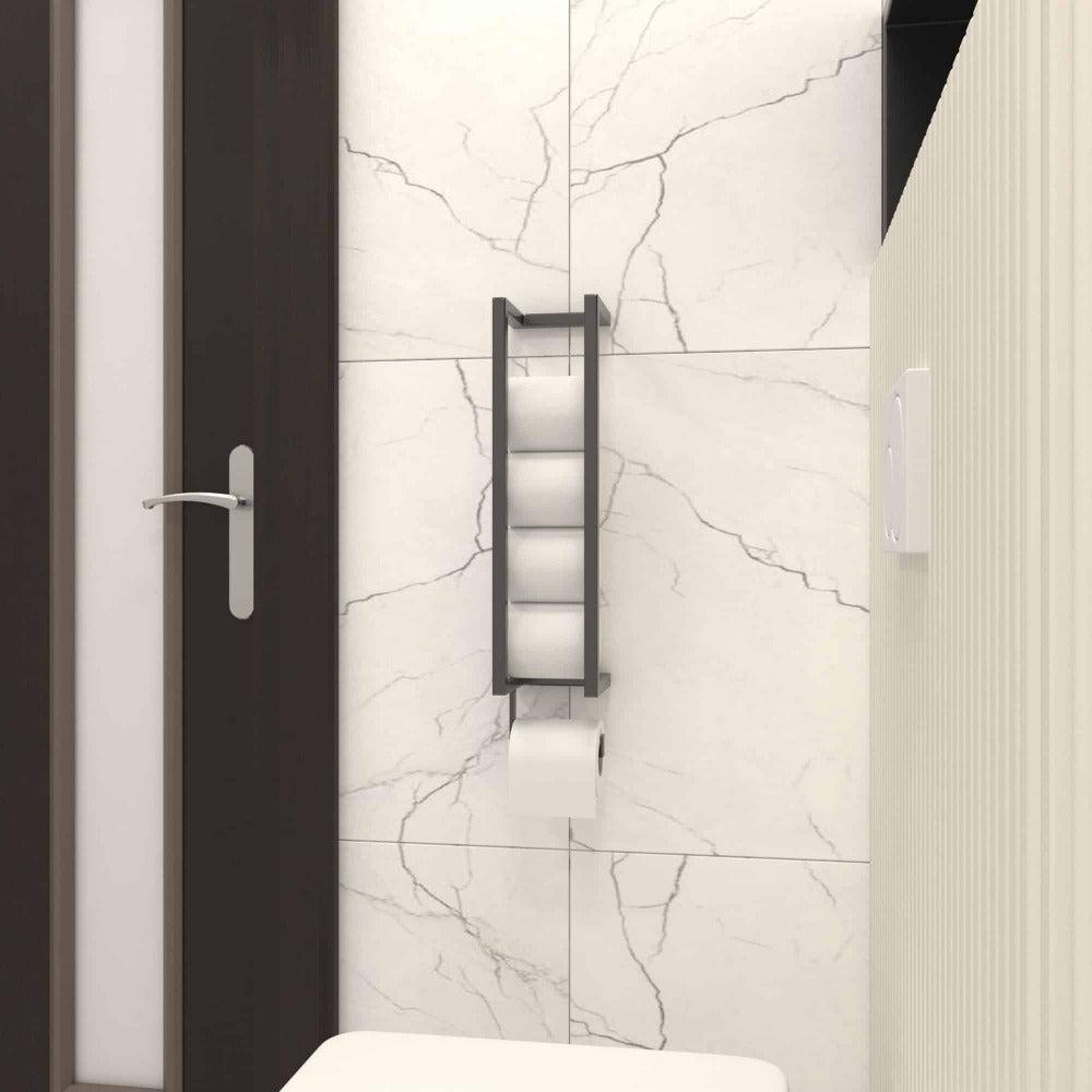 A modern bathroom featuring a black wall-mounted toilet paper holder against marble-patterned walls, with rolls arranged vertically and an additional roll positioned for use at the bottom.