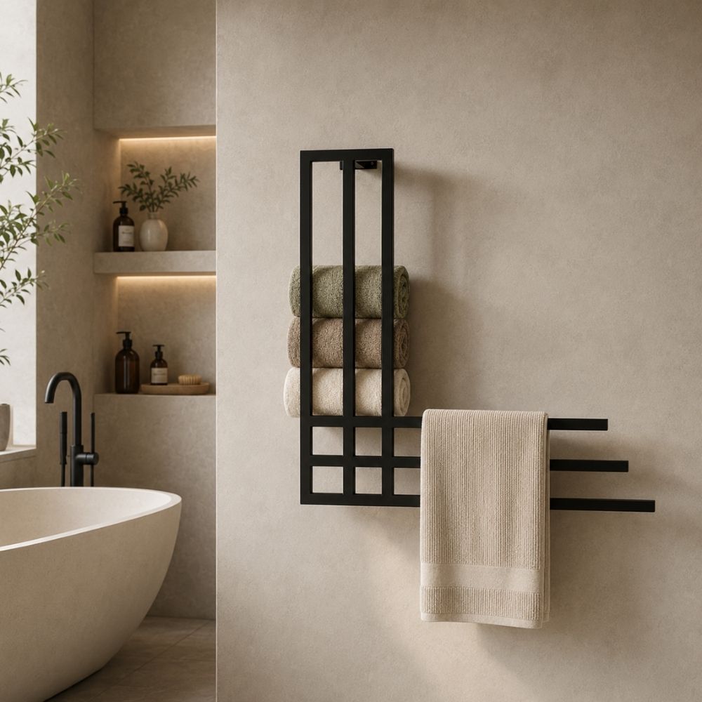 Black wall mounted towel rack with storage shelf holding rolled towels and a hanging towel in a modern bathroom.