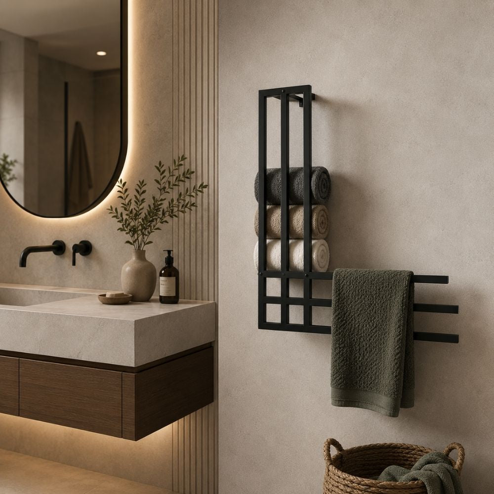 Black wall mounted towel rack with rolled towel storage and side bars beside a modern bathroom vanity.