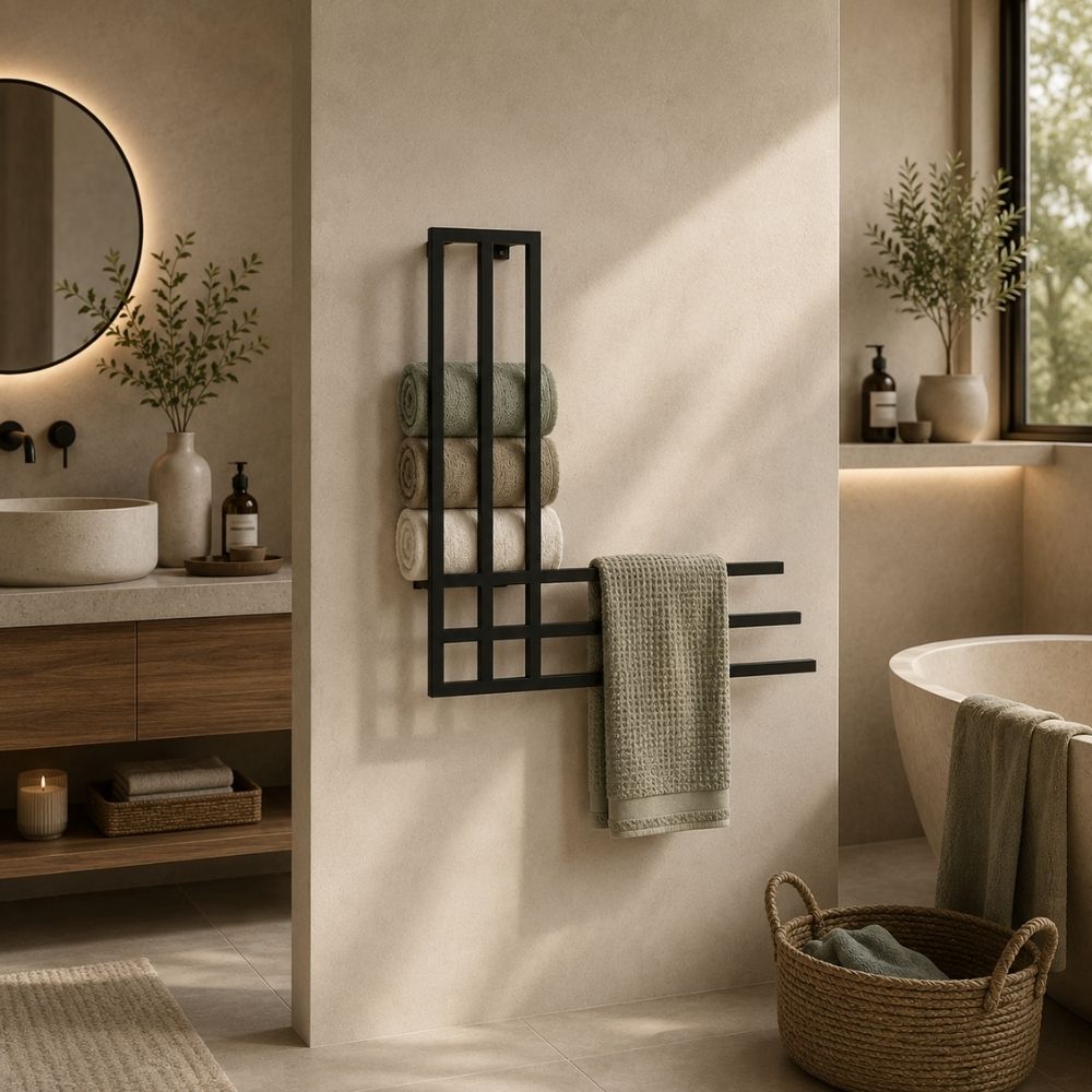 Black wall mounted towel rack with storage shelf in a warm spa-style bathroom scene with basket and vanity.