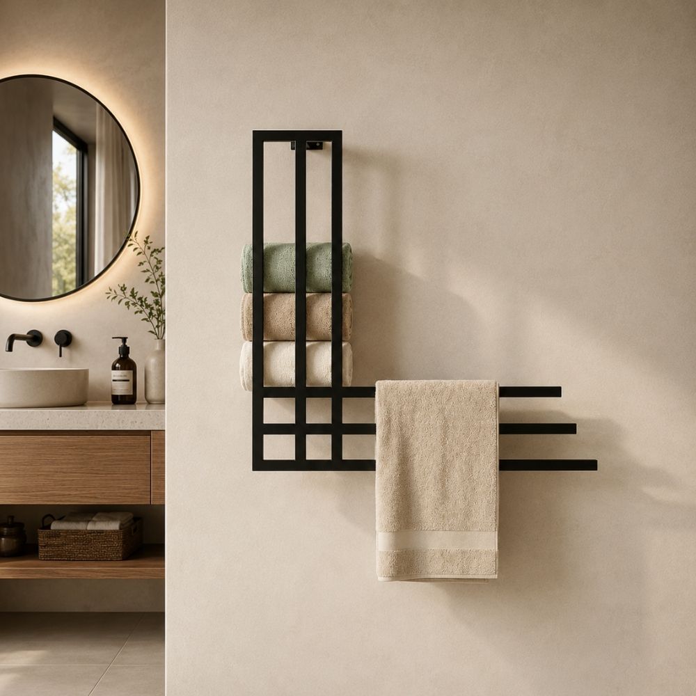 Black wall mounted towel rack with storage shelf displaying rolled towels and a hanging cream towel in a warm bathroom.