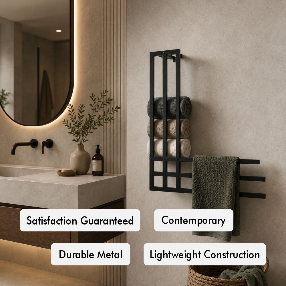 Wall mounted towel rack feature image with satisfaction guaranteed, contemporary design, durable metal, and lightweight construction callouts.