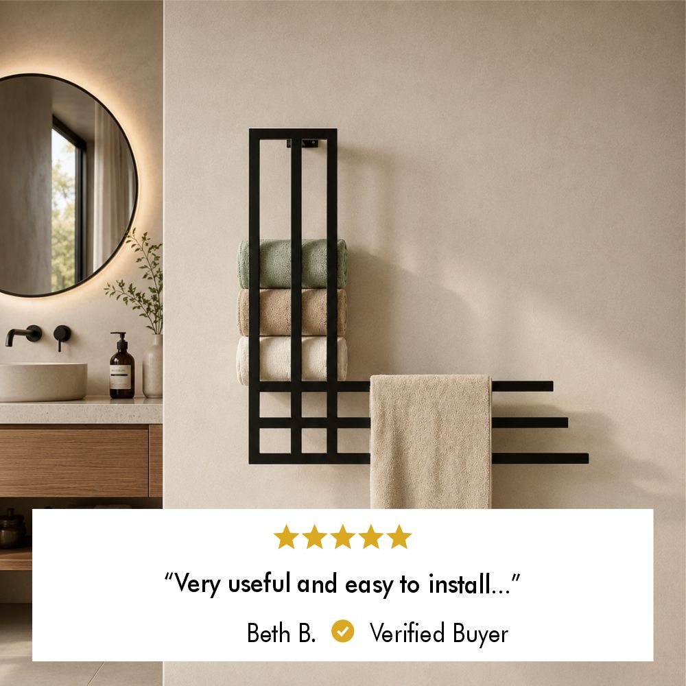 Five-star customer review from verified buyer Beth B. saying the towel rack is very useful and easy to install.