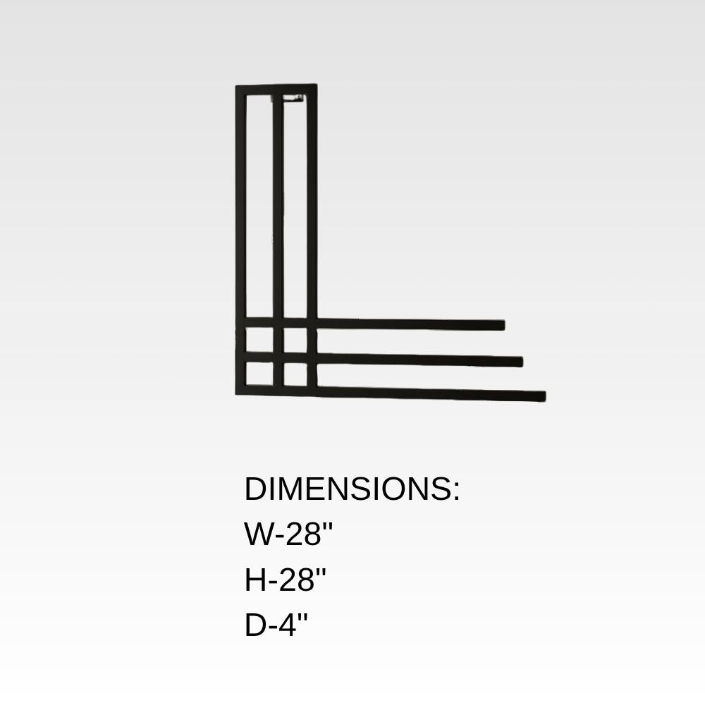 Dimension chart for wall mounted towel rack with storage shelf showing 28 inch width, 28 inch height, and 4 inch depth.. This diagram is labelled in inches; centimetre values are shown beside the image.