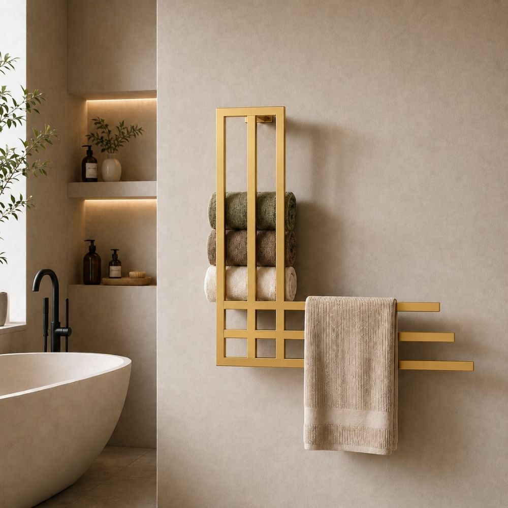 Gold wall mounted towel rack with storage shelf holding rolled towels and a beige towel in a modern bathroom.