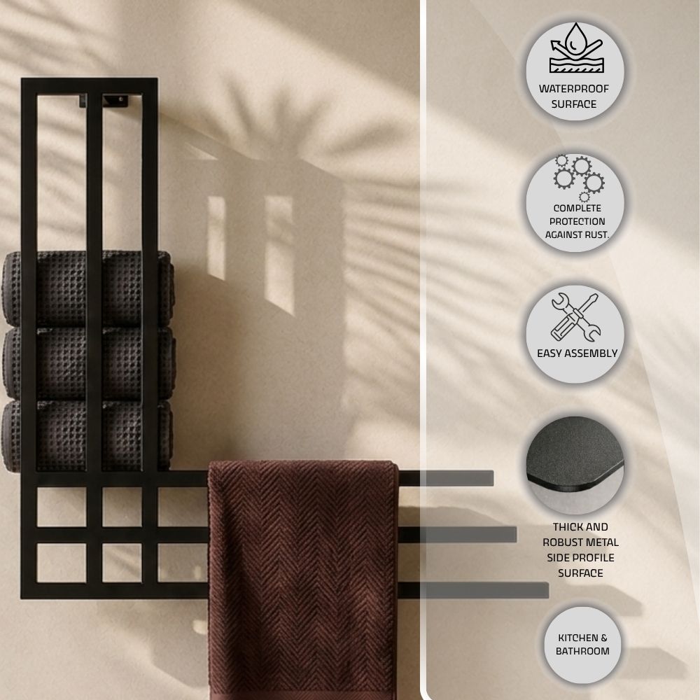 Wall mounted towel rack callout image showing indoor moisture-resistant surface, rust-resistant finish, easy assembly, and robust metal profile.