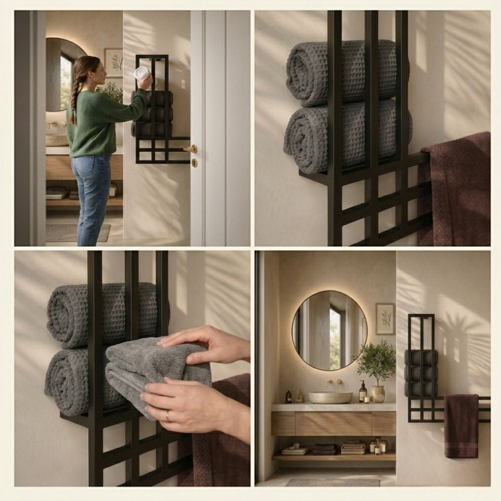 Usage detail collage showing rolled towels and towel hanging on a wall mounted bathroom towel rack with storage shelf.