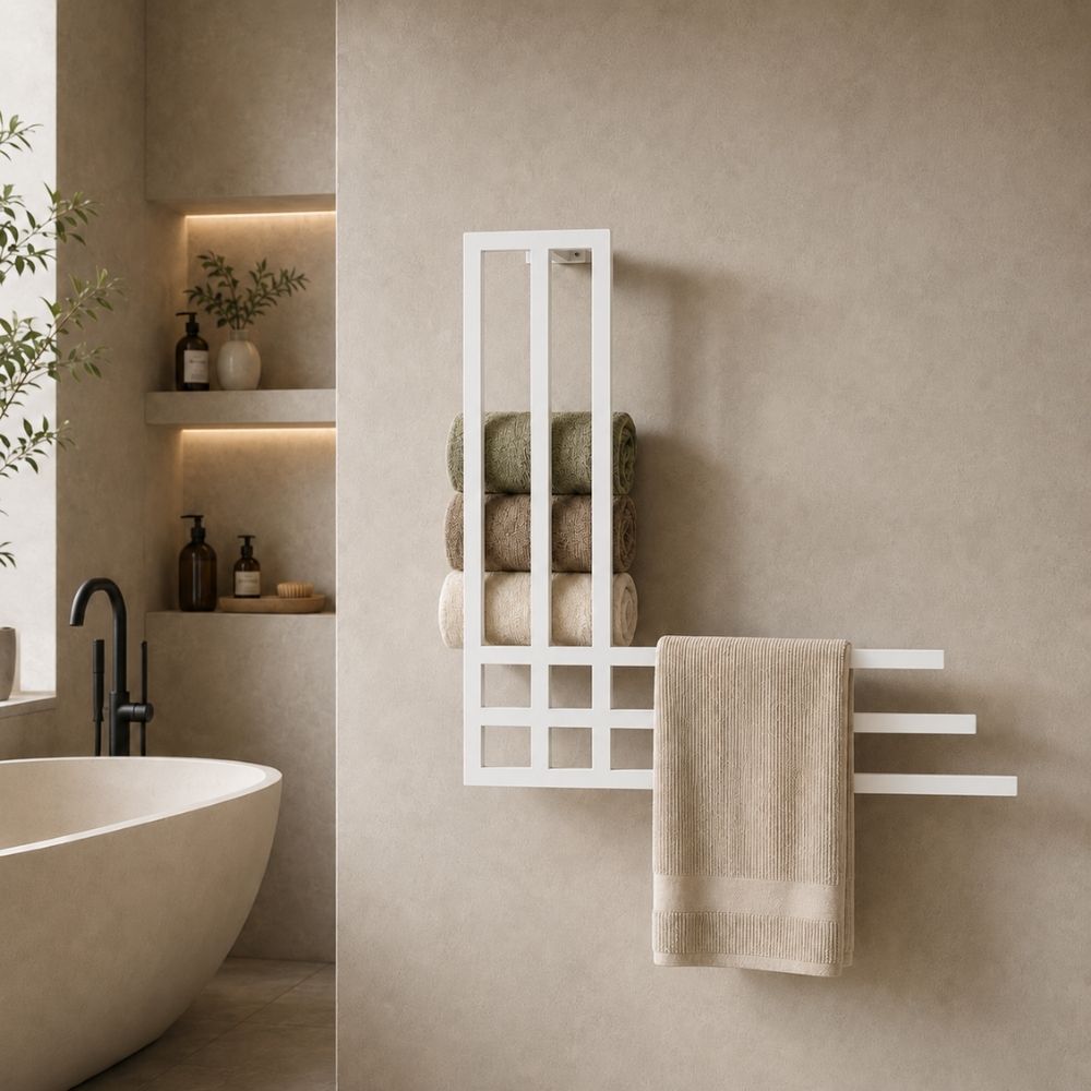 White wall mounted towel rack with storage shelf installed beside a bathtub in a neutral modern bathroom.