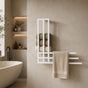 White wall mounted towel rack with storage shelf installed beside a bathtub in a neutral modern bathroom.