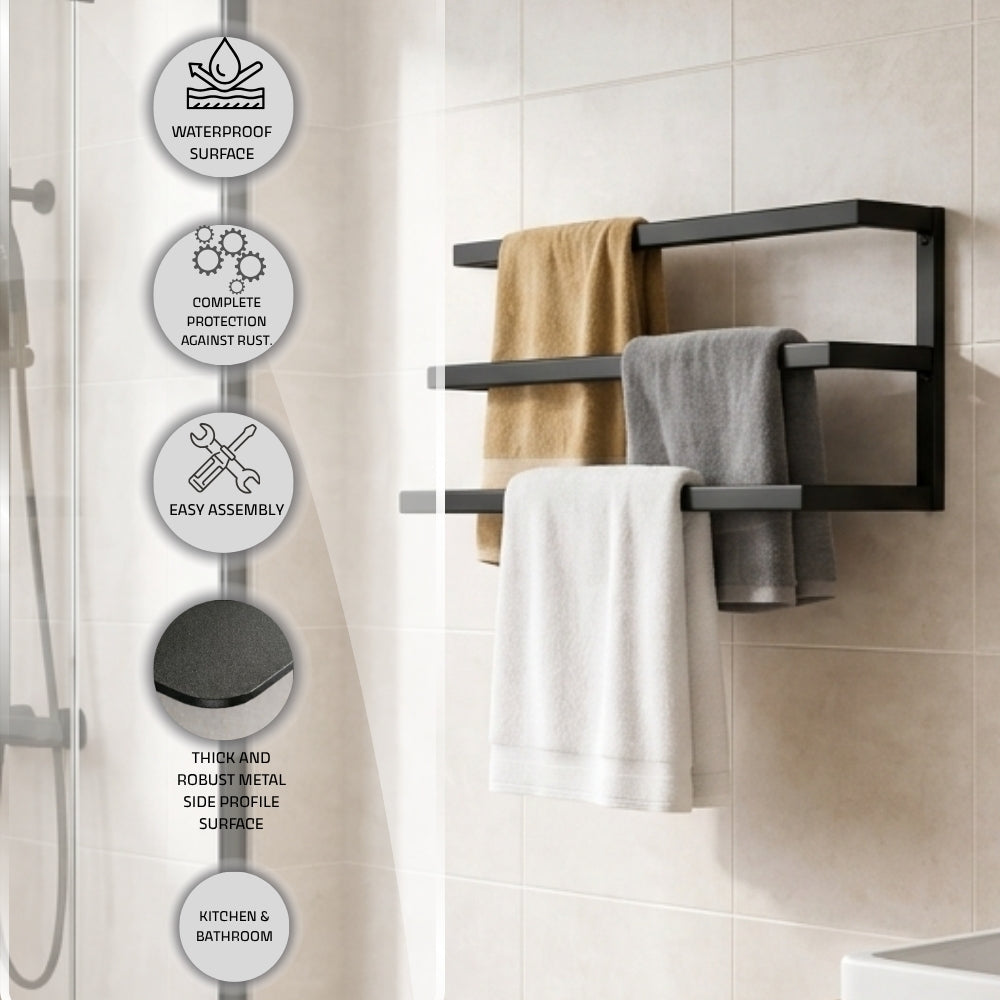 Wall mounted triple towel bar rack feature image with water-resistant surface, rust resistance, easy assembly, thick metal side profile, and kitchen and bathroom use callouts.