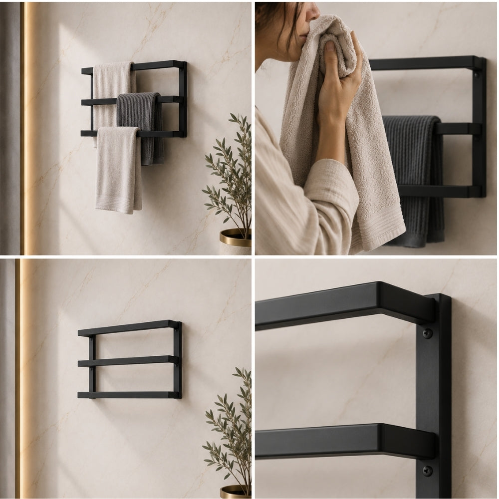 Detail collage for black wall mounted triple towel bar rack showing towel placement, wall mounting, and metal frame detail.