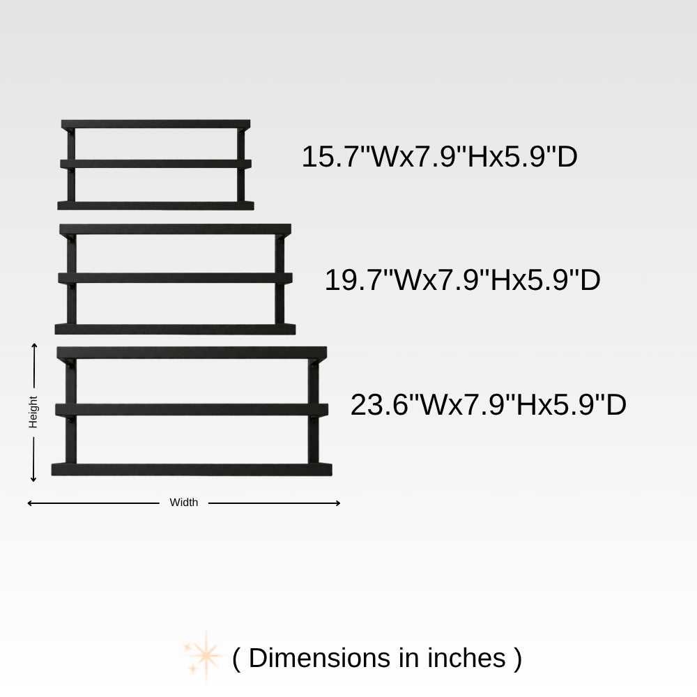 Dimension chart for wall mounted triple towel bar rack showing 15.7 x 7.9 x 5.9, 19.7 x 7.9 x 5.9, and 23.6 x 7.9 x 5.9 inch sizes.