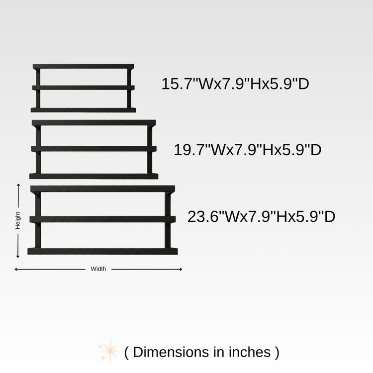 Dimension chart for wall mounted triple towel bar rack showing 15.7 x 7.9 x 5.9, 19.7 x 7.9 x 5.9, and 23.6 x 7.9 x 5.9 inch sizes.