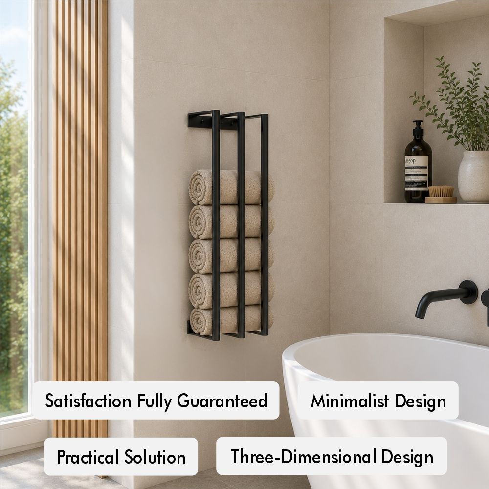 Wall mounted vertical towel rack benefits image showing satisfaction guarantee, minimalist design, practical solution, and three-dimensional design.