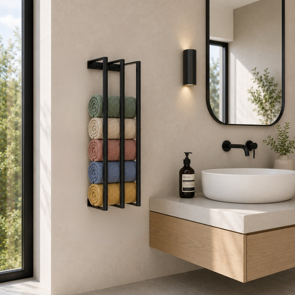 Black wall mounted vertical towel rack holding rolled towels in a modern bathroom.