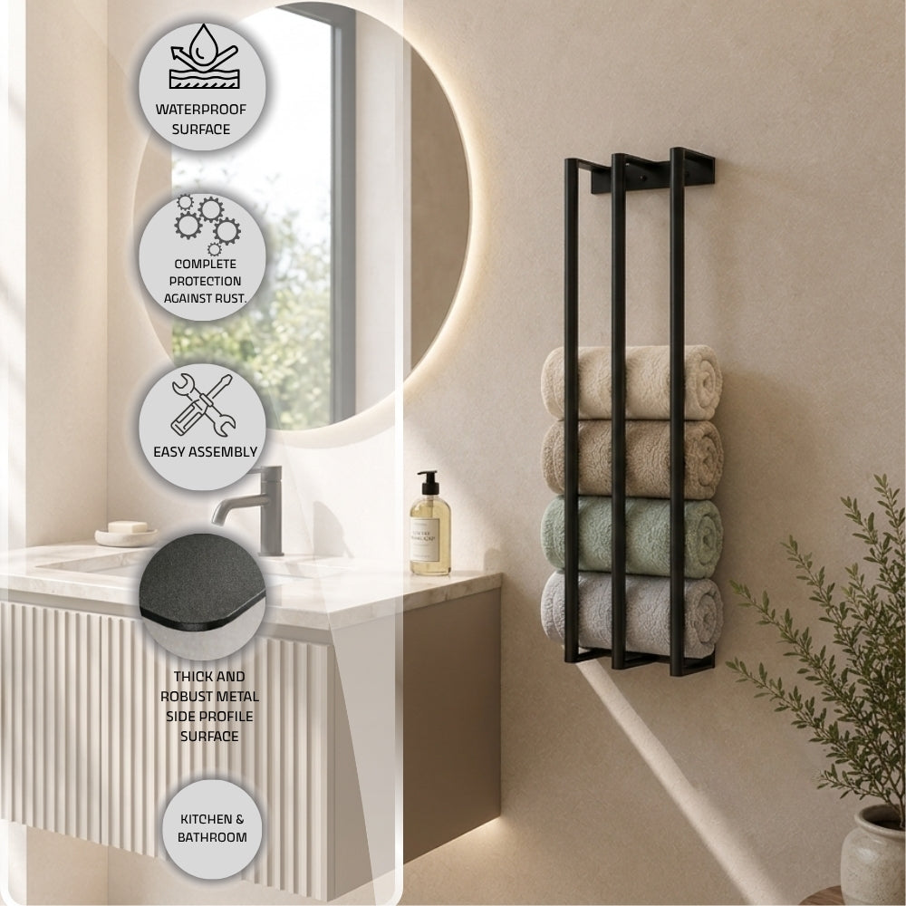 Wall mounted vertical towel rack feature image with waterproof surface, rust protection, easy assembly, thick metal profile, and kitchen and bathroom use callouts.