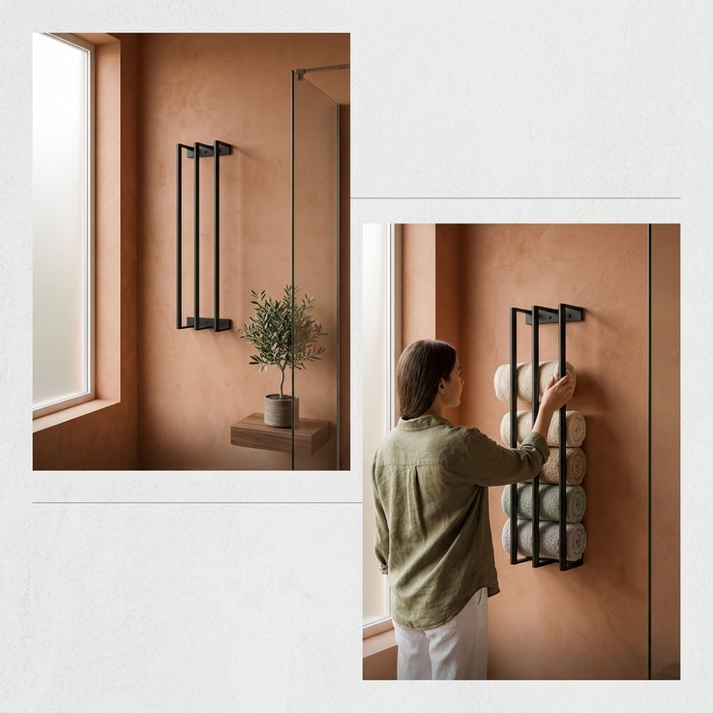 Detail lifestyle collage for black wall mounted vertical towel rack showing wall installation and rolled towel storage.