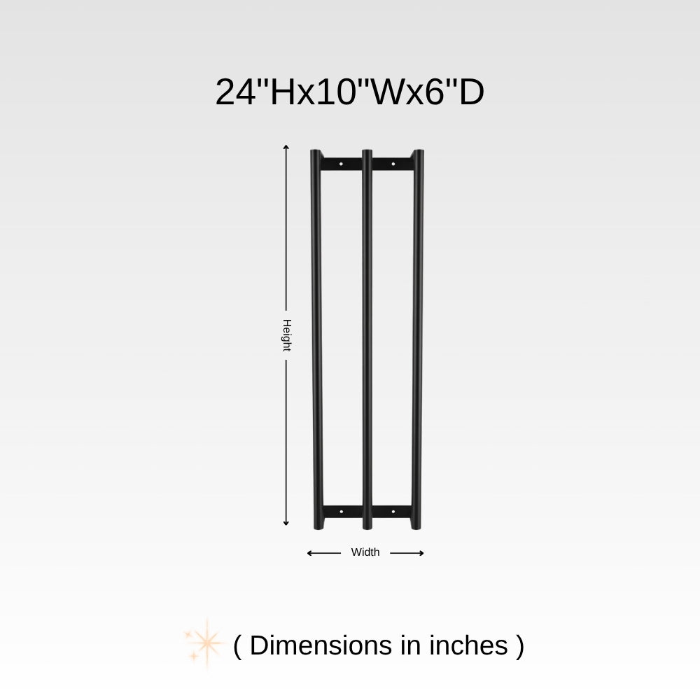 Dimension chart for wall mounted vertical towel rack showing 24 inch height, 10 inch width, and 6 inch depth.. This diagram is labelled in inches; centimetre values are shown beside the image.