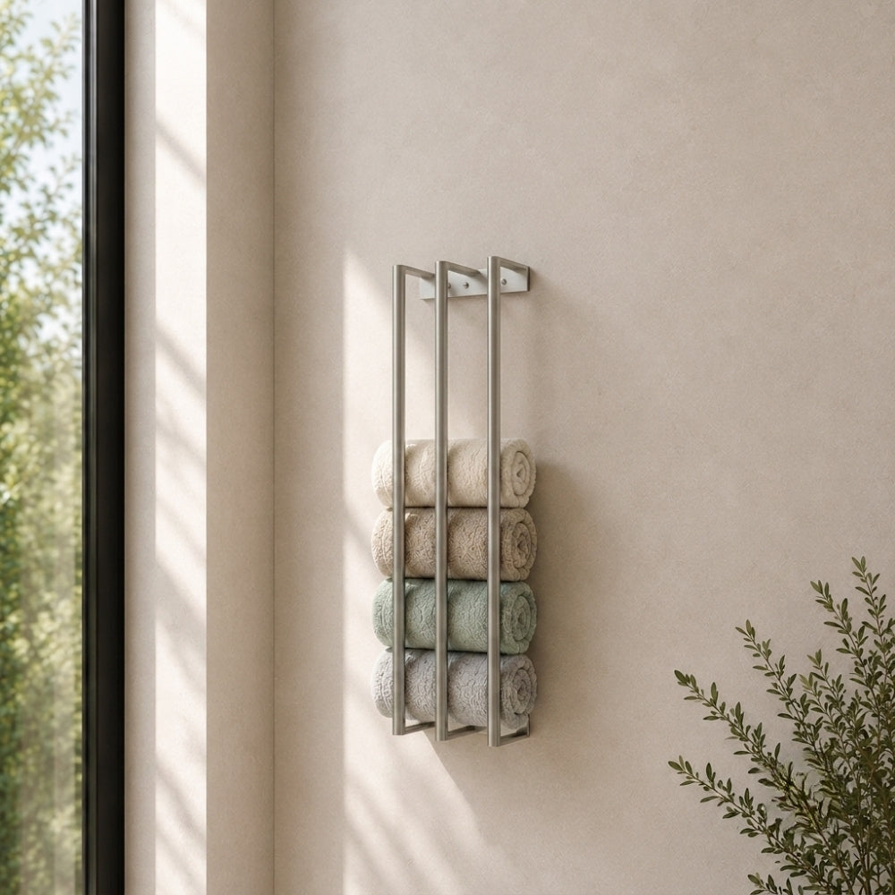 Satin nickel wall mounted vertical towel rack with rolled towels in a light bathroom.