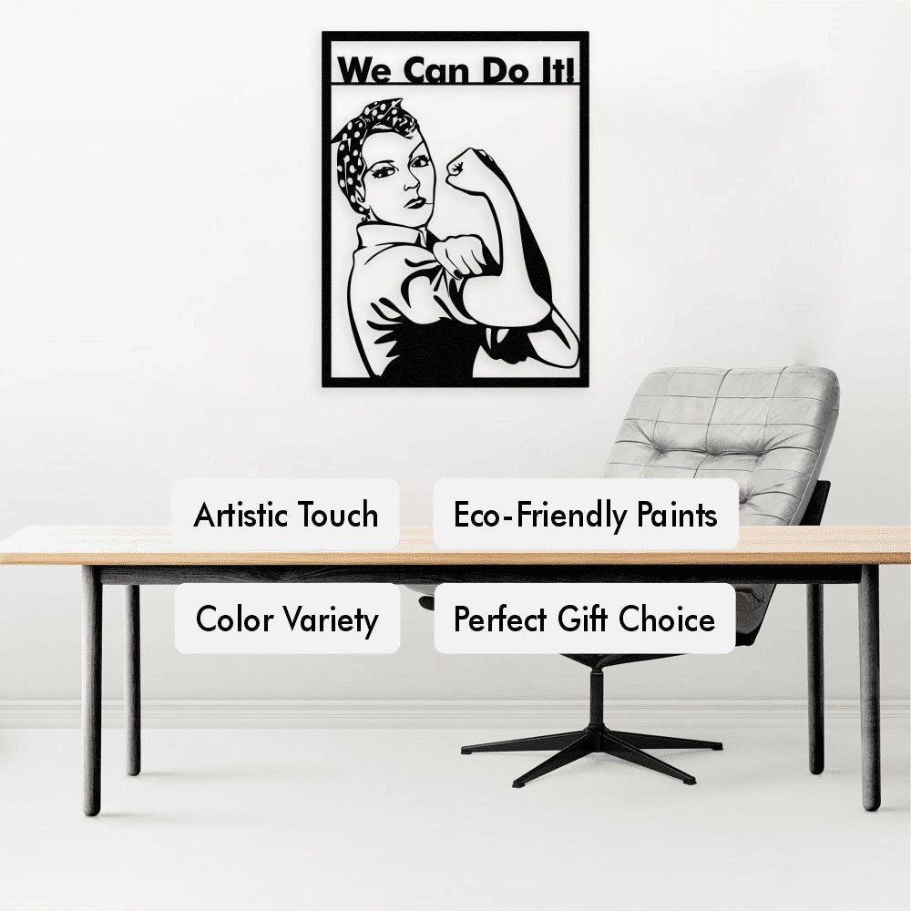 Rosie the Riveter Metal Wall Art, laser-cut metal wall art shown in a contemporary interior setting.