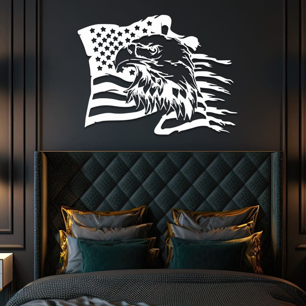 White Bald Eagle with American Flag Metal Wall Art in a bedroom