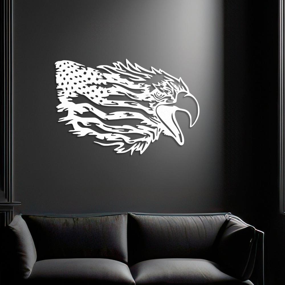 White American Bald Eagle US Flag Metal Wall Art in a living room