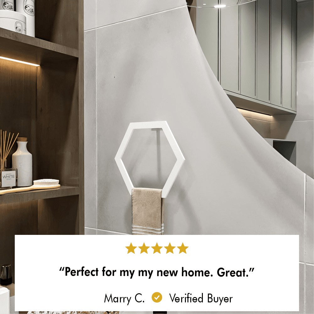 Hexagon Shaped Towel Ring mounted in a modern bathroom setting.