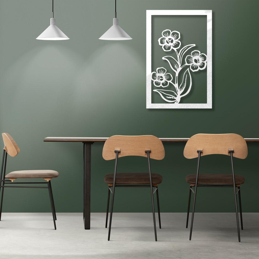 Close-up of white Three Flowers and Leaves Metal Wall Art details