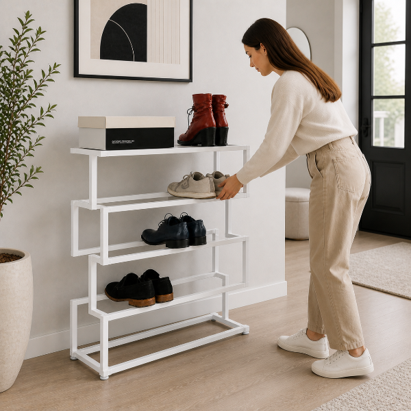 Woman organizing shoes on a white shoe rack in a home setting.