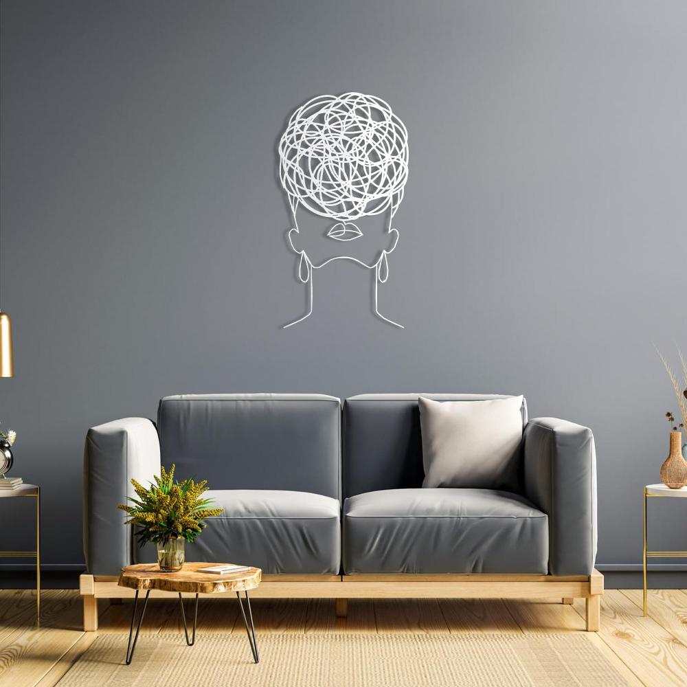 White Overthinking Woman Metal Wall Art in a living room