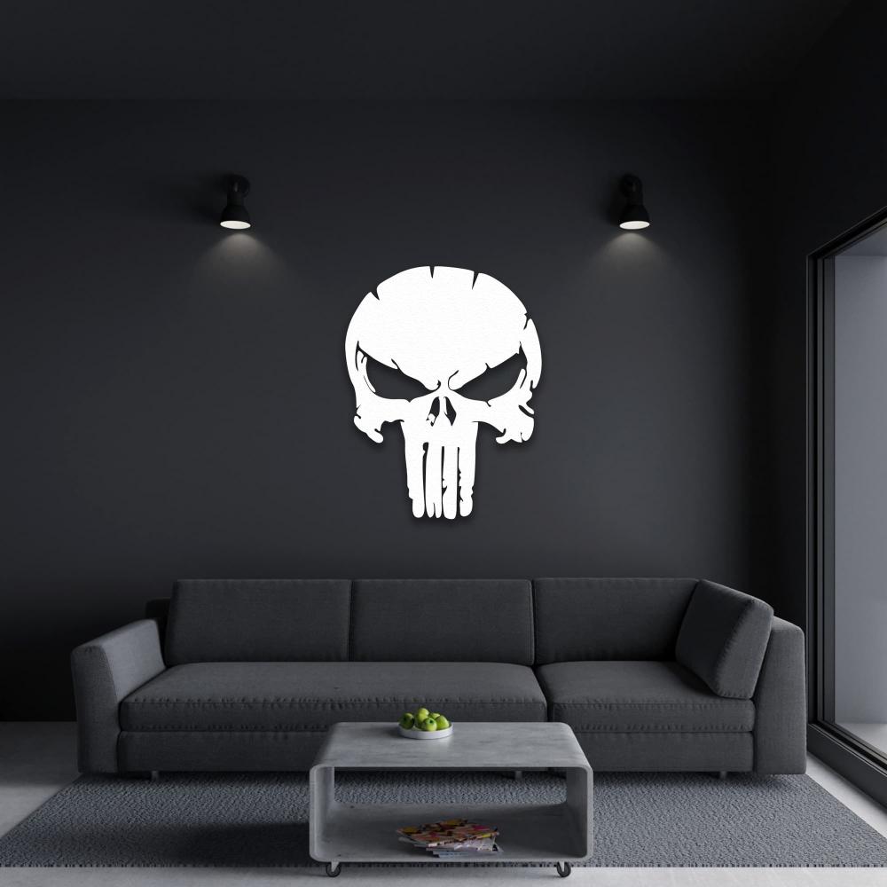 White Punisher Skull Metal Wall Art in a living room